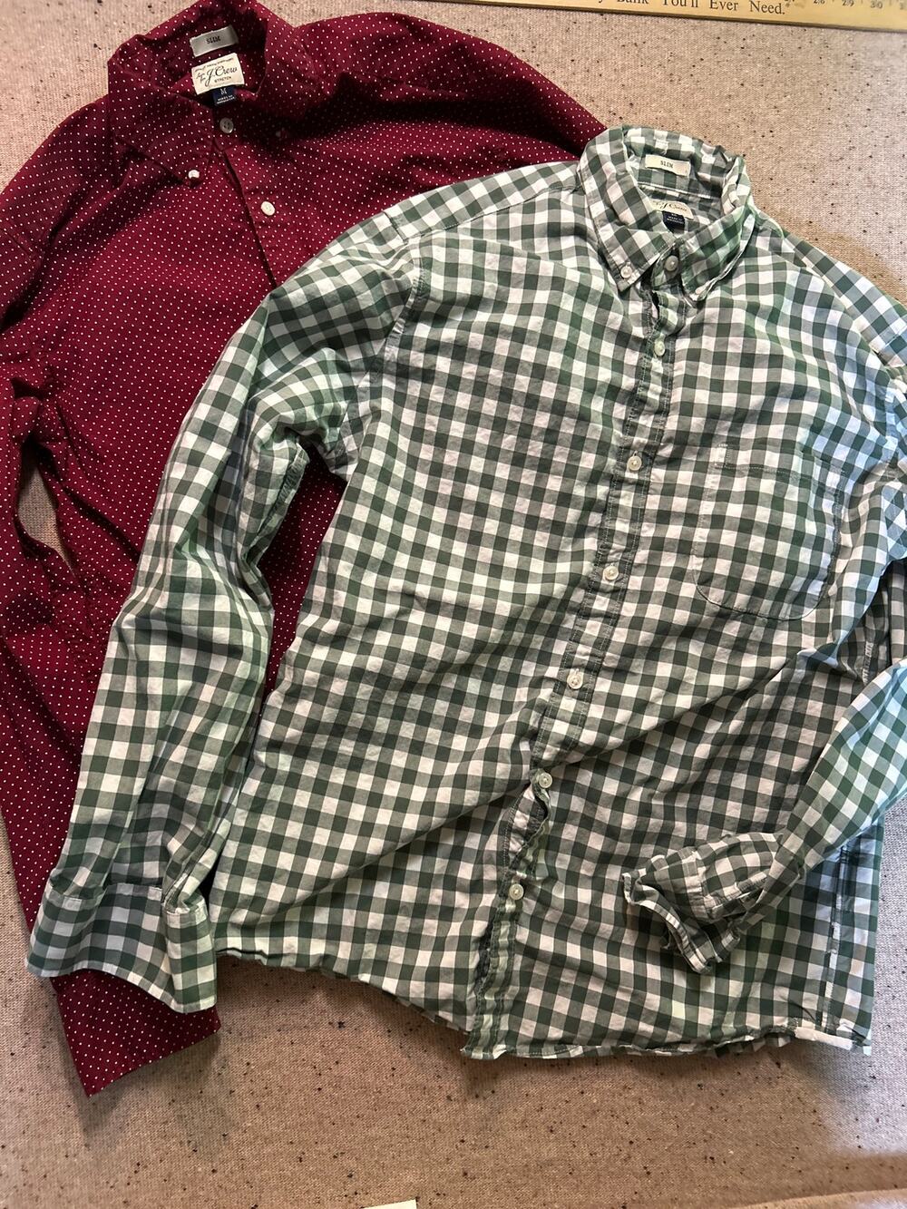 J. Crew LOT of 2 Slim Fit Button Down Medium Shirt Cotton Green gingham burgundy